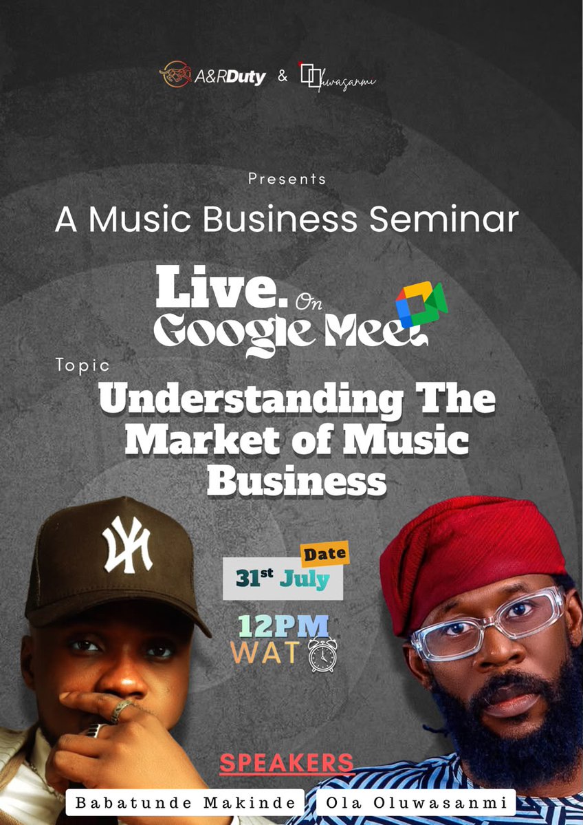 boi_kuti8's tweet photo. Join us LIVE on Google Meet for an insightful session on Understanding The Market of Music Business with industry experts Babatunde Makinde &amp; @olaoluwasanmi
📅 31st July
🕛 12PM WAT https://t.co/bEDKSlkml0