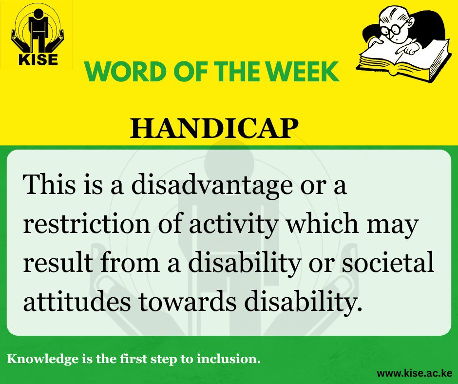 KISE_OFFICIAL's tweet photo. 𝗪𝗼𝗿𝗱 𝗼𝗳 𝗧𝗵𝗲 𝗪𝗲𝗲𝗸: 𝗛𝗮𝗻𝗱𝗶𝗰𝗮𝗽

Did you know? The term "handicap" historically referred to the disadvantages or restrictions a person may experience due to a disability or barriers created by society. Today, more inclusive language such as "person with a disability" is widely encouraged.

At KISE, we are committed to empowering persons with disabilities through functional assessments, rehabilitation services, therapy, assistive technology, inclusive education, and capacity building to promote independence and full participation in society.

Need support or more information? Contact KISE 0111055810 or visit https://t.co/xYJtMaScOB to learn more about our services.
Knowledge is the first step to inclusion. 
#KISE #WordOfTheWeek #DisabilityInclusion #InclusiveEducation #Rehabilitation #Accessibility