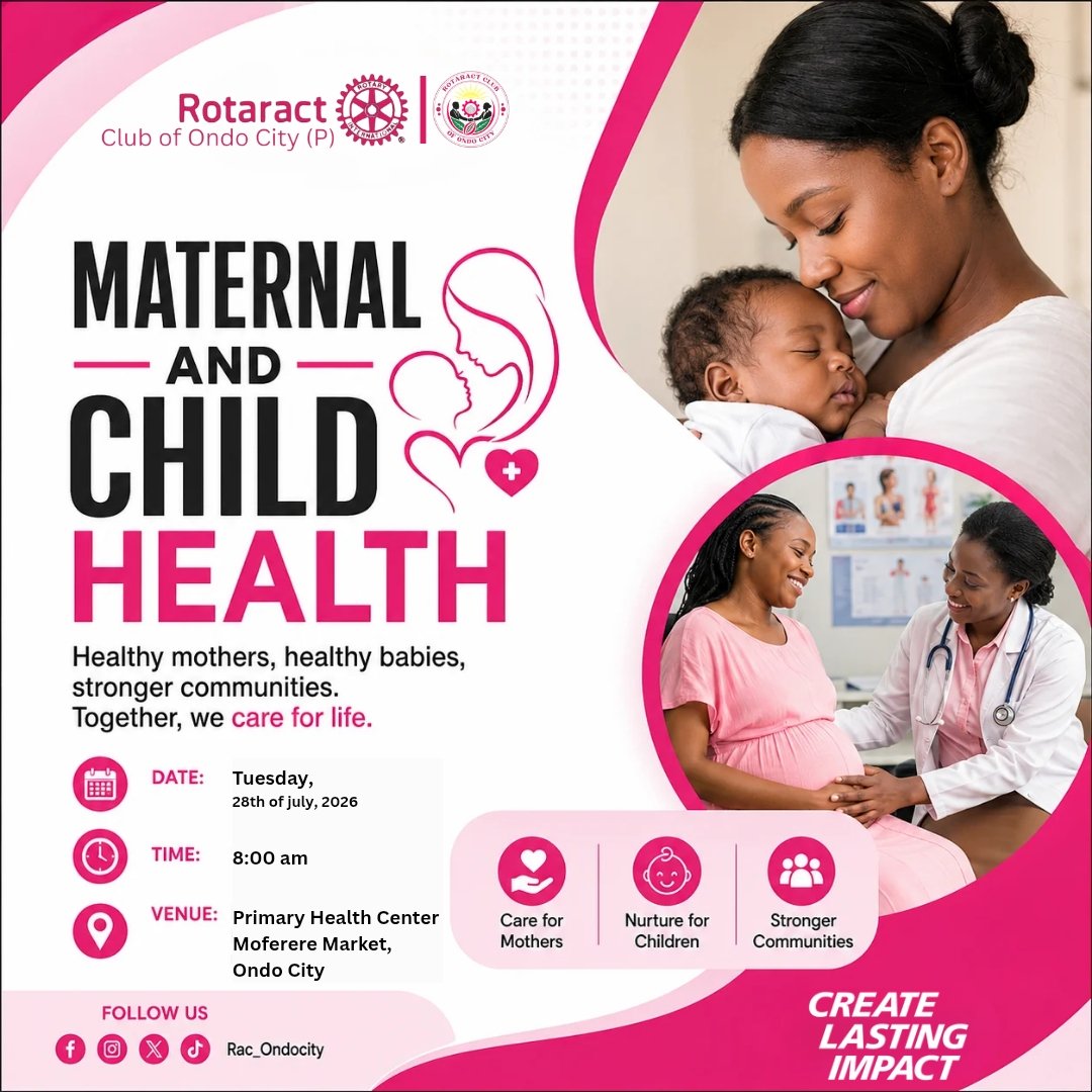 rac_ondocity's tweet photo. 💕 TODAY IS THE DAY! ��🏽🤱🏽

Join the Rotaract Club of Ondo City (P) as we promote Maternal and Child Health through care, education, and support for expectant mothers and their babies.

✨ Special Highlight: We will also be distributing diapers to pregnant women @Rotary https://t.co/TqyZTLXsMa