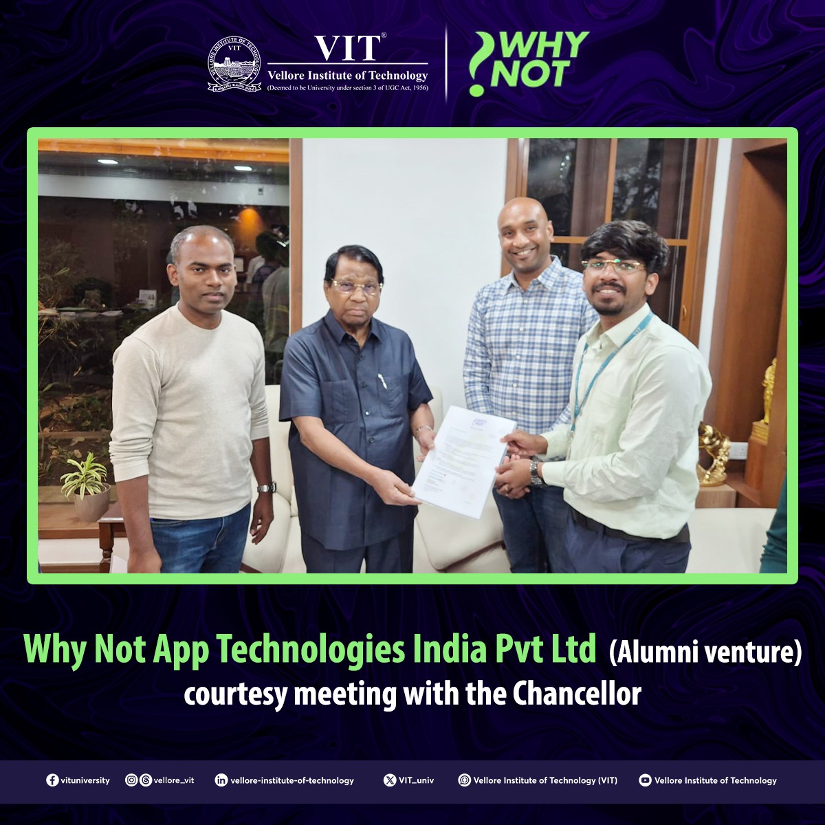 VIT_univ's tweet photo. A landmark INR 45 Crores, five-year endowment from Why Not App Technologies will power VIT's mission to build a world-class innovation hub on campus.
@vit_alumni1984
#VIT #VITVellore #VelloreInstituteOfTechnology #InnovationCulture #AlumniNetwork #HigherEducation #JobCreators https://t.co/ls1yhZ7BLy