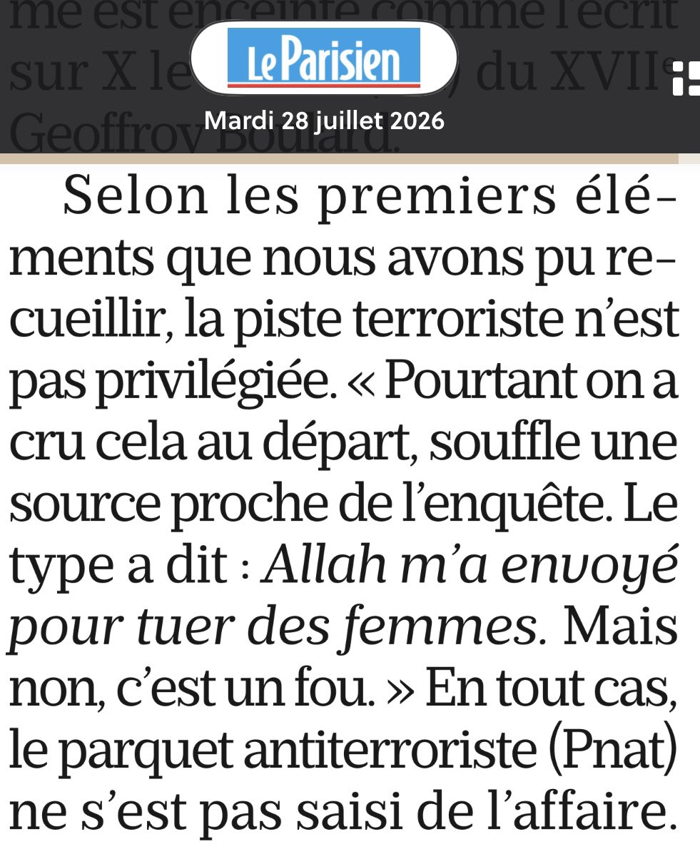 DestinationTele's tweet photo. Circulez y a rien à voir…
Un homme poignarde des femmes au hasard dans la rue à Paris relégué en page… 37 du "Parisien"

«Le type a dit : "Allah m'a envoyé pour tuer des femmes". On a cru au départ à la piste terroriste, mais non, c'est un fou…» https://t.co/TdG5mJo9K5