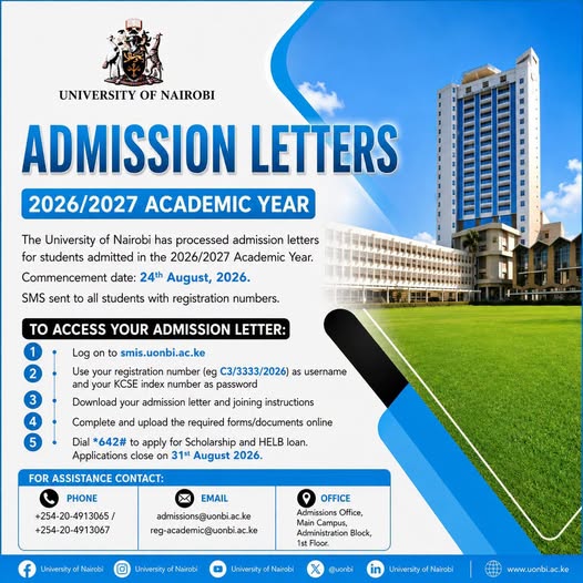 UoNLawFaculty's tweet photo. Welcome to the University of Nairobi!
To all students admitted for the 2026/2027 Academic Year congratulations and karibu!
Your admission letters are ready: 
#KaribuUoN
#StudyatUoN
#WeAreUoN https://t.co/wza01ohP4b