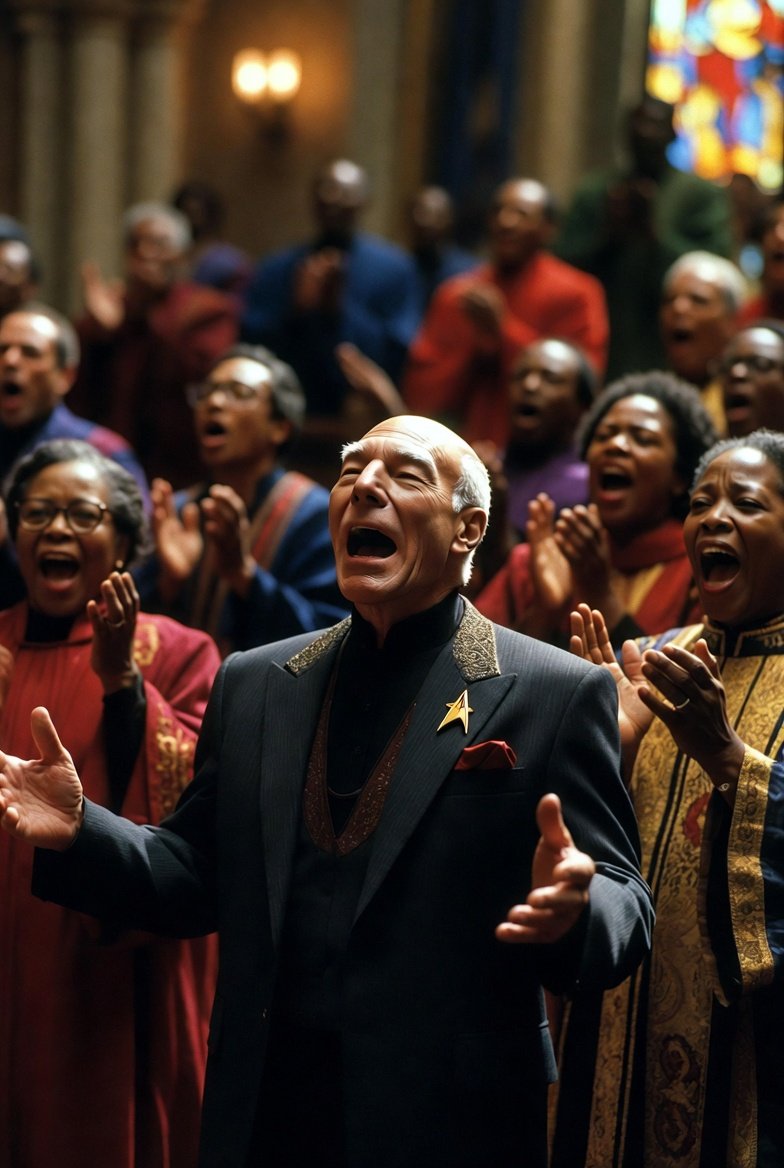Finarey2332's tweet photo. @Gombzpark @ThePapaManDave It took me a few more.  Didn't help I read "single ensemble".   Like he needs to buy a new set of clothes.  

Followed up by "a choir"  now Jean-Luc is singing the gospel. https://t.co/lTdHVY2jAx