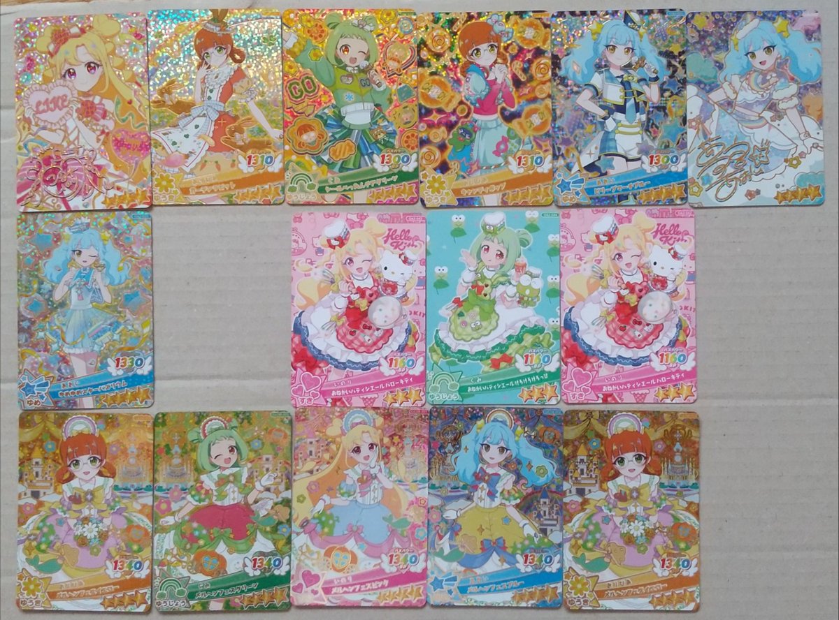 rocor_pptwt2015's tweet photo. おねがいアイプリのマイキャラライブ、三姉妹分計50回やってきました。ミラクルカードが残ってたのですが、6,25,34,41,47枚目で排出。以前全4種��ったのは52枚目だったので今回の方が優秀な上、いのりバースディサインまで出た。結果的に前回分が余分な出費に…。
画像はめぼしいものだけ並べたもの。 https://t.co/XRLfHRtG0C