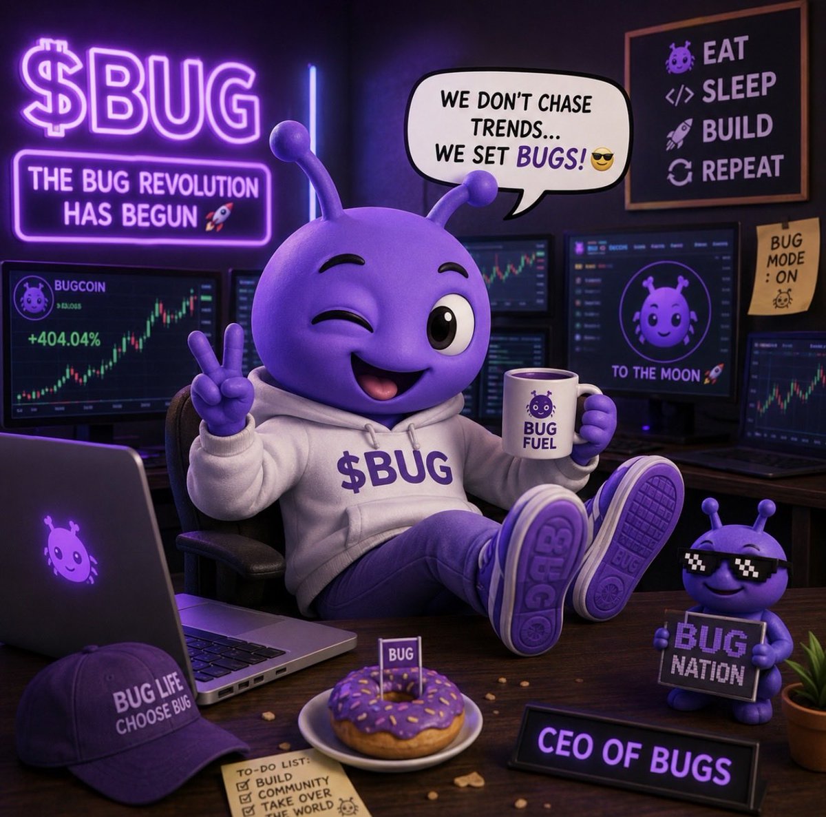 Bug404coin's tweet photo. While others are sleeping, the BUG Army is building, growing, and getting ready for the next big move. 💜🚀

Eat. Sleep. Build. Repeat.
Welcome to BUG404 — where memes meet community and the revolution has already begun.

#BUG404 #BUGCOIN #BUGArmy #MemeCoin #CryptoCommunity #CryptoMeme #Web3 #DeFi #Altcoins #CryptoTwitter #ToTheMoon #CommunityFirst #BuildInPublic #Bullish #TheBugRevolution