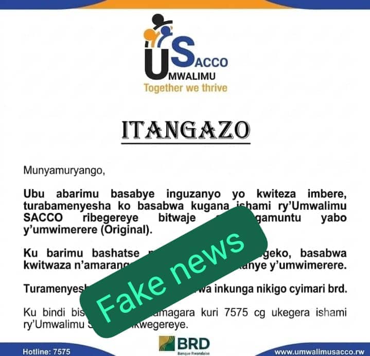 MwalimuSacco's tweet photo. Banyamuryango,
Turabamenyesha ko aya makuru ari gukwirakwizwa ku mbuga nkoranyambaga atari ukuri, ntimuyahe agaciro.
Ku bindi bisobanuro, mwaduhamagara kuri 7575.
Mugire amahoro. https://t.co/O5ub3BGaGJ