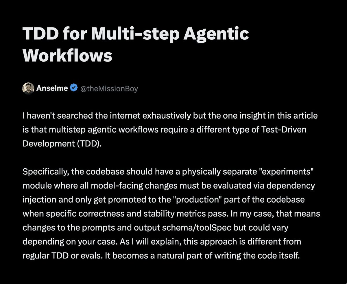 theMissionBoy's tweet photo. planning to start sharing long-form articles of what i am learning. draft now; artcle coming soon.

i used to be obsessed with TDD before coding agents forced everyone to start writing tests

recently discovered an effective way to TDD model-facing code (non-deterministic etc). https://t.co/LZXr4uEwiu