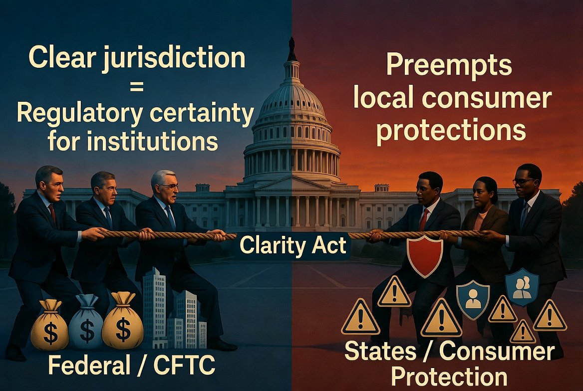 tanhaxk's tweet photo. The regulatory tug-of-war in D.C. is reaching a boiling point with the proposed Clarity Act.

🔹 Federal view: Clear CFTC jurisdiction provides regulatory certainty for institutional capital.

🔹 State view: Critics argue it preempts local consumer protection enforcement. https://t.co/g5phBF1rQU