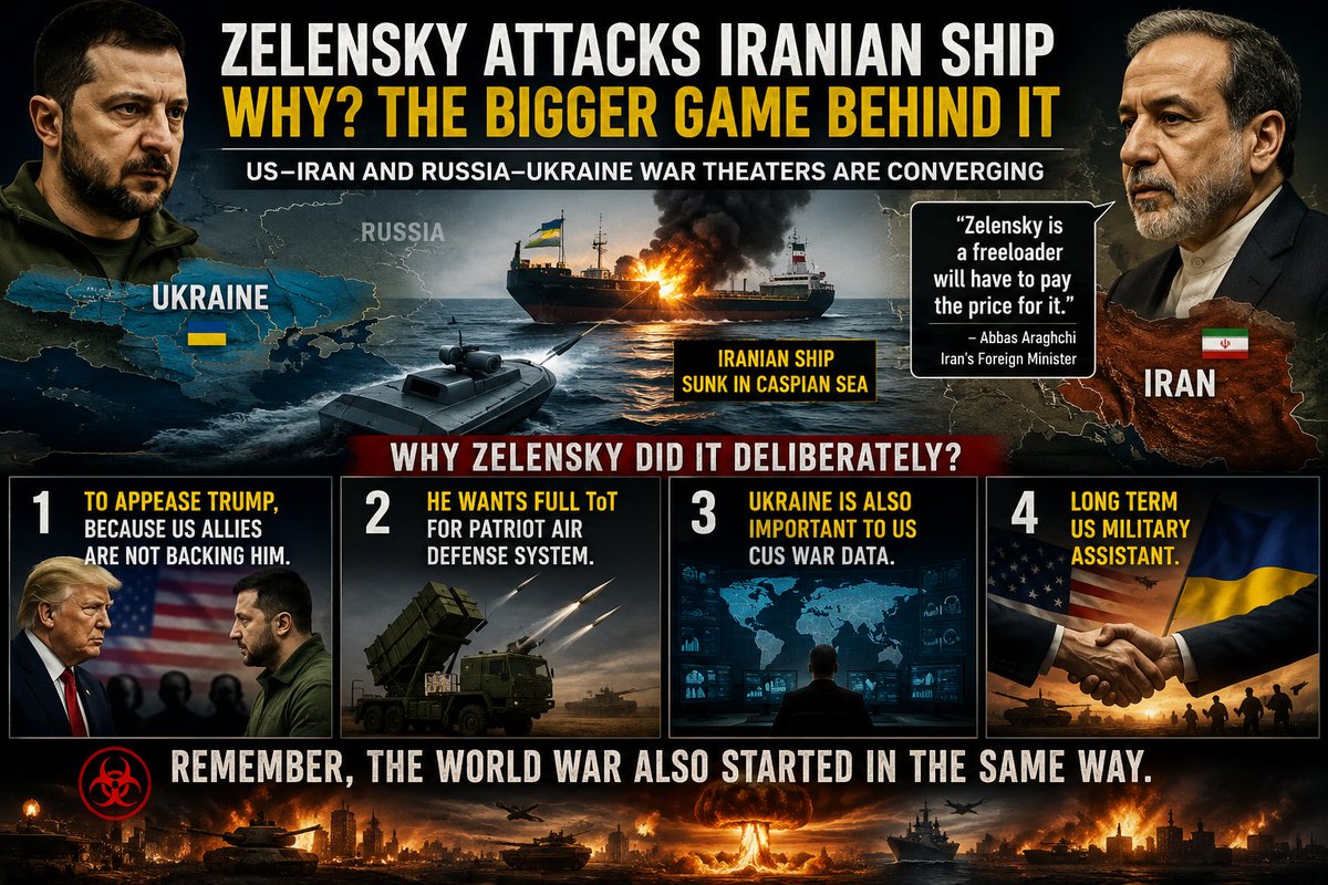 mishrayash17's tweet photo. Why did Zelensky deliberately attack Iran's ship?
Appease Trump cus US allies aren't backing him.
He wants full ToT for Patriot air defense system.
Ukraine has war data which US want.
US military assistant.
#CaspianSea #Ukraine #Iran #Zelensky #IranUkraine #RussiaIran #UkraineWar https://t.co/FFiTpvyK8R