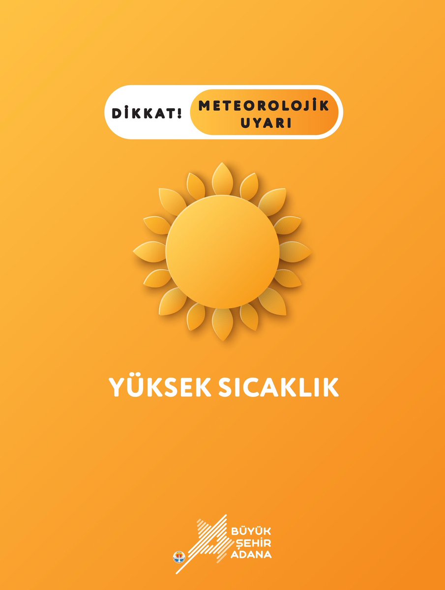 Adana_Bld's tweet photo. ☀️ YÜKSEK SICAKLIK UYARISI!

Meteoroloji verilerine göre, kentimiz genelinde Çarşamba günü hava sıcaklığının 42°C’ye, yüksek nemle birlikte hissedilen sıcaklığın 50°C’ye ulaşması beklenmektedir.

⚠️ Sağlığımız için lütfen dikkat edelim:
⏰ 11.00 - 16.00 saatleri arasında zorunlu olmadıkça dışarı çıkmayalım.
👴👶 Kronik hastalar, yaşlılar ve çocukları güneşten koruyalım.
💧 Gün boyu bol sıvı tüketmeye özen gösterelim.