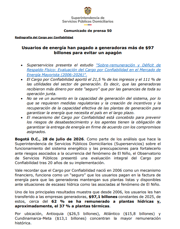 larepublica_co's tweet photo. #Atento | Superservicios presentó una evaluación integral del Cargo por Confiabilidad tras 20 años de su implementación. Según señaló, desde 2006, usuarios de energía han pagado a generadoras más de $97 billones para evitar un apagón https://t.co/10invLOVSr