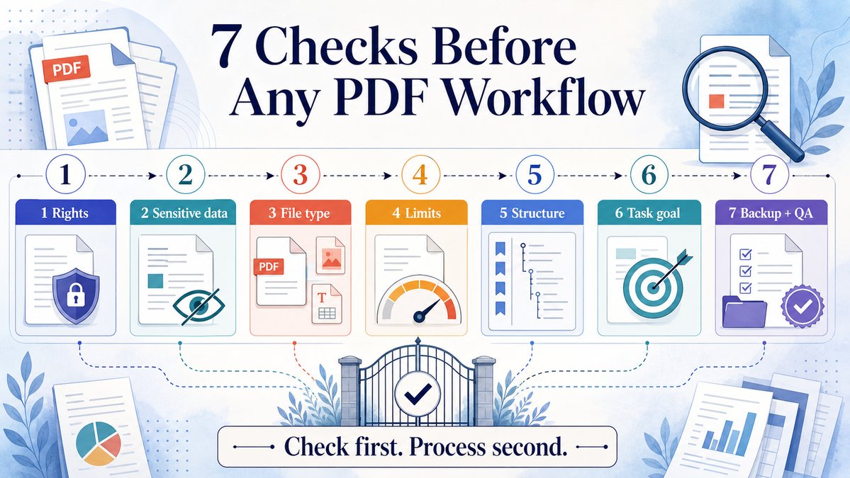 Sai628's tweet photo. Many PDF failures are decided before the upload. Run 7 checks first: rights, sensitive data, file type, technical limits, page structure, task goal, and a backup + acceptance test.
#PDFTranslator #AI #AITools https://t.co/XdOp8pt0WS