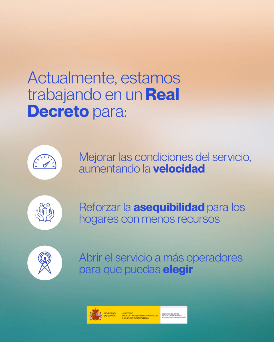 SEtelecoGob's tweet photo. ☀️ En verano nos gusta desconectar porque sabemos que, a la vuelta, podremos reconectar. 
Por eso, seguimos trabajando en el nuevo Real Decreto del Servicio Universal de Telecomunicaciones, para que siga evolucionando y respondiendo a las necesidades de la ciudadanía. https://t.co/FaUTggvq9j