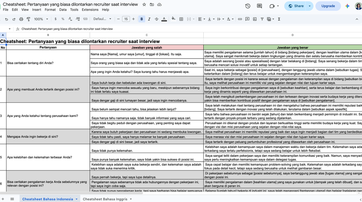 rsngprad's tweet photo. UPDATED!

Banyak orang gagal interview, bukan karena mereka ga kompeten.

Tapi karena ga siap jawab pertanyaan yang itu-itu lagi.

Gw udah kumpulin template cheatsheet yang isinya pertanyaan interview yang paling sering ditanya recruiter.

Isinya:

- List pertanyaan yang hampir selalu muncul di berbagai role
- Bisa dipakai buat latihan sebelum interview
- Biar lo ga blank pas ditanya

Kali ini udah ada update dari versi sebelumnya, ada Bahasa Indonesia dan Bahasa Inggris

Download di sini:
https://t.co/kvBAZZIYLf

Kalau ngerasa ini kepake, bantu like dan repost ya.