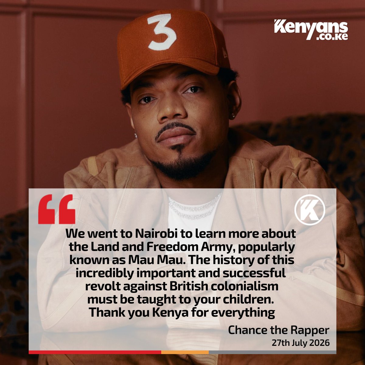 Kenyans's tweet photo. We went to Nairobi to learn more about Mau Mau - American rapper, Chance the Rapper https://t.co/TFCNVIMfzc