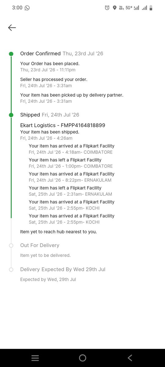 mpradeepjain's tweet photo. This is the 3rd consecutive order getting stuck at "Item yet to reach hub nearest to you"after reaching Kochi. Previous orders also canceled for the same reason.Pls escalate this to the Ekart logistics team and investigate the issue with my delivery hub/PIN code @flipkartsupport https://t.co/eo4QVneU18