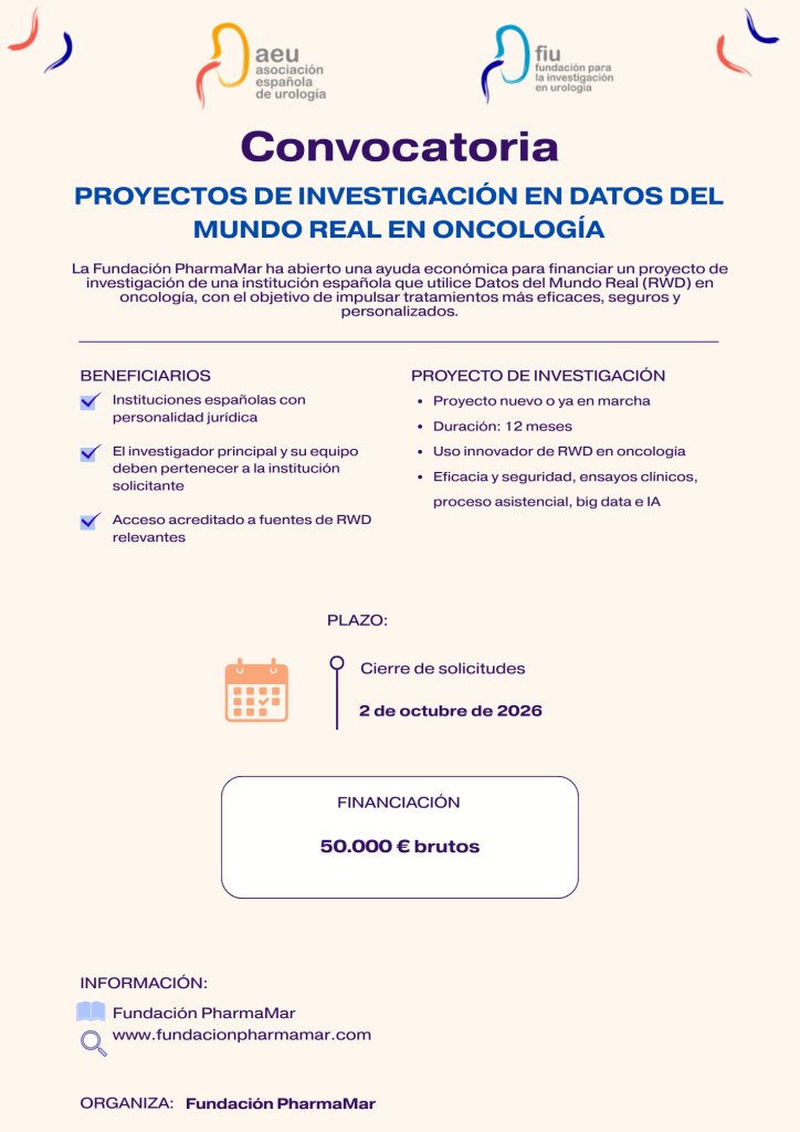 InfoAeu's tweet photo. 🔬 La Fundación PharmaMar ha abierto la convocatoria de la Ayuda Económica para Proyectos de Investigación en Datos del Mundo Real en Oncología, destinada a financiar iniciativas que utilicen información obtenida en la práctica clínica para mejorar la prevención, el diagnóstico y el tratamiento del cáncer.

La convocatoria está dirigida a hospitales, universidades, institutos de investigación y fundaciones con equipos dedicados a la investigación oncológica.

📅 Plazo de presentación de candidaturas: hasta el 2 de octubre de 2026.

🔗 Consulta toda la información.
https://t.co/Jj0fp7wFmN

#AEU #Investigación #Oncología #PharmaMar #RealWorldData #InvestigaciónClínica #Innovación