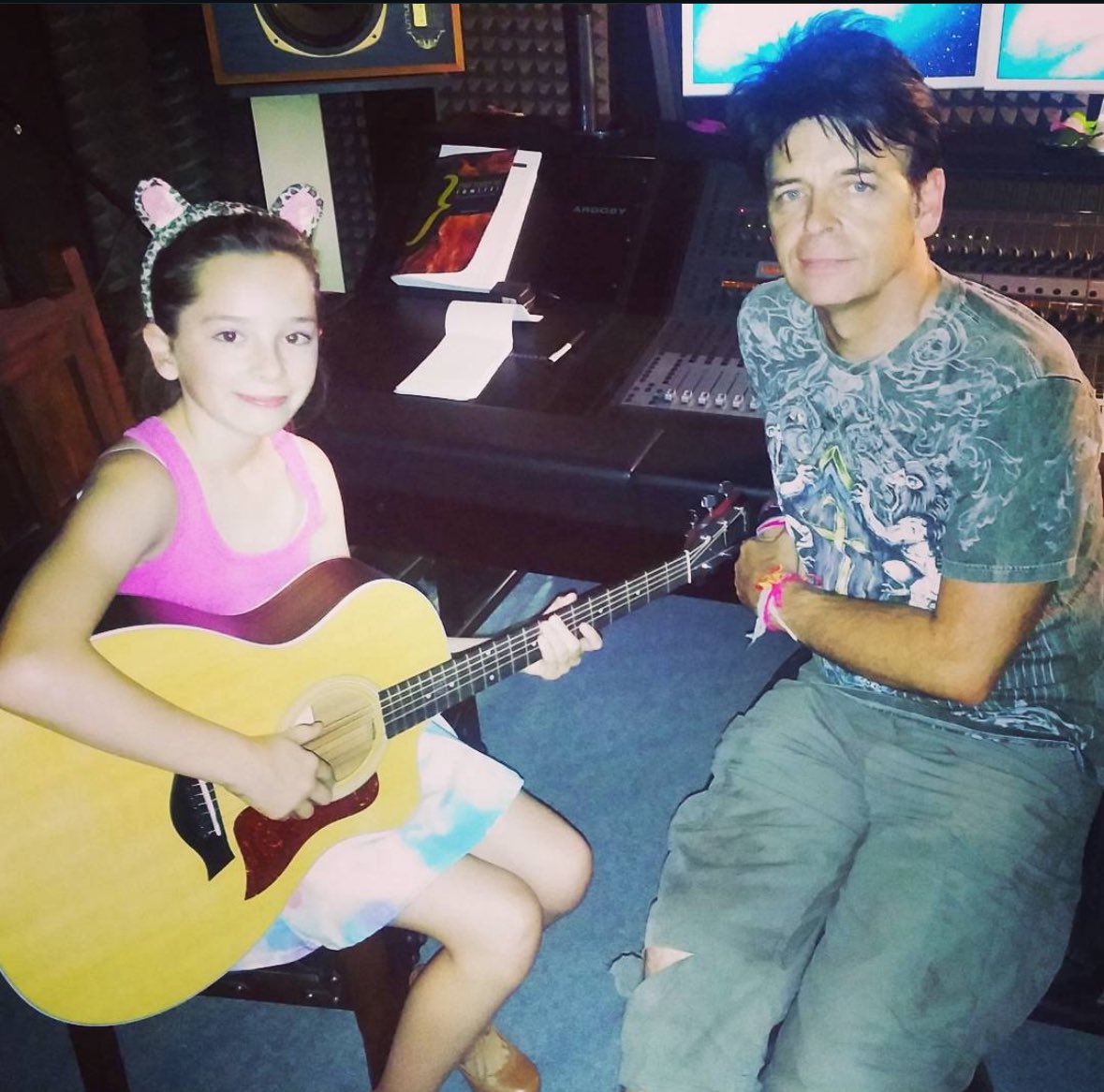 numanofficial's tweet photo. This photo was taken around 12 years ago. This was the first time I ever went in to the studio with Raven who, at only ten years old, had already written a collection of songs that were impressively catchy. The session was a brutal lesson for me, in that she was clearly destined to go her own way, when, somewhat exasperated with Dad’s suggestions, she turned to me and said ‘I don’t think you’re the right man for the job’. She was right. Even at ten she knew what she wanted with her music. Her debut album is coming together nicely (different songs obviously). I can’t wait for you to hear it, and no, I’ve had absolutely nothing to do with it whatsoever. I wouldn’t dare. @raven_numan