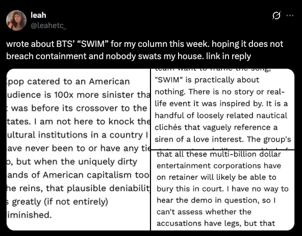 jademinnie7's tweet photo. fascinating how BTS are expected to clear a bar that virtually no western artist is ever asked to clear... does a song need to be based on a specific historical event or autobiographical story to have substance? By your standard most western pop songs are equally about "nothing" https://t.co/xj0V5btBJL