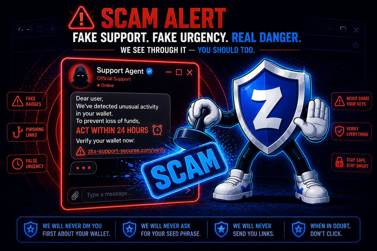 zkxwallet's tweet photo. 🚨 The fake support DM is still the #1 attack vector in crypto.

Signs it's a scammer:
→ They DM'd YOU (you didn't reach out)
→ They ask you to 'verify' your wallet
→ They create urgency ('act in 24 hours')
→ Link is slightly different from official site

Report. Block. Never engage.