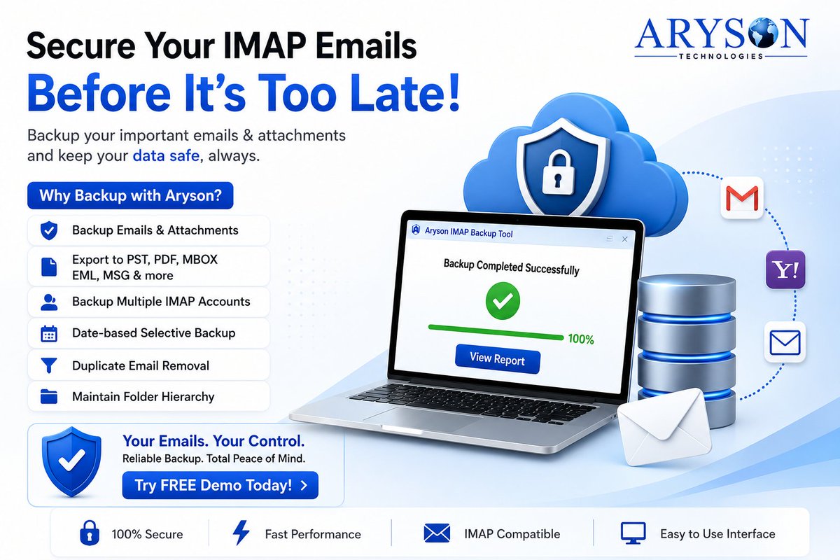 Arysontec's tweet photo. Looking for the best IMAP Email Backup Software?
โ Backup IMAP emails securely
โ Export to PST, PDF, MBOX, EML & MSG
โ Backup multiple IMAP accounts
โ Maintain folder hierarchy
Download the FREE Demo:
https://t.co/TfI6u1OzYv
#IMAPEmailBackup #EmailBackupSoftware #ITAdmin https://t.co/FvY8SvOZeZ