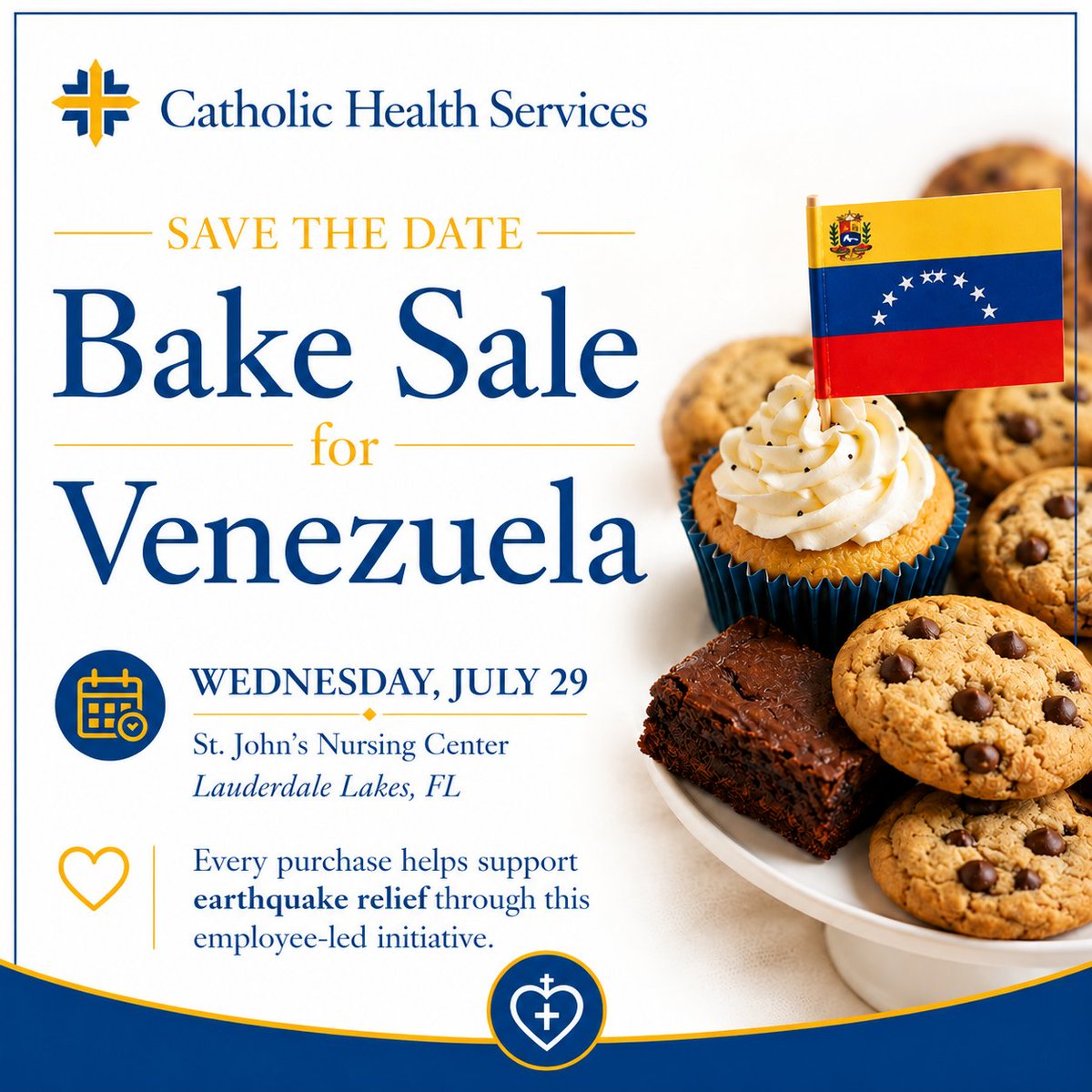 CatholicHealthX's tweet photo. Good treats. Great cause.

Join us on Wednesday, July 29, at St. John's Nursing Center in Lauderdale Lakes for our employee-led Bake Sale for Venezuela. Every purchase helps provide earthquake relief to those who need it most.

We'll save you a cookie. https://t.co/na9Hh3hgXm