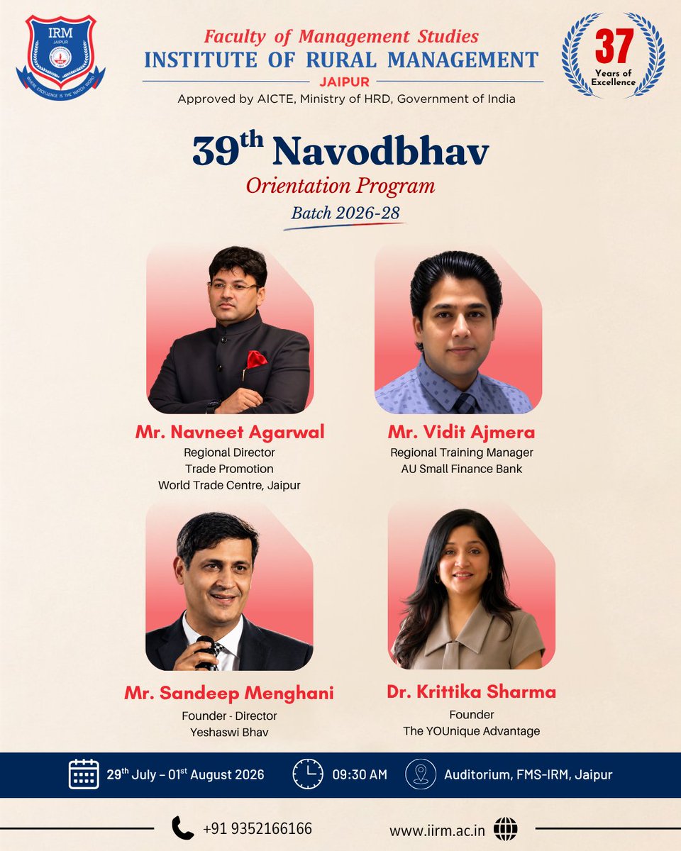 fmsirm's tweet photo. FMS-IRM, Jaipur proudly welcomes our esteemed guest speakers to the 39th Navodhbhav Orientation Program. Their inspiring insights will empower Batch 2026–28 to begin their management journey with confidence and purpose.

#FMSIRM #IIRM #Bschool #Orientationprogram https://t.co/BOcCQZc37K