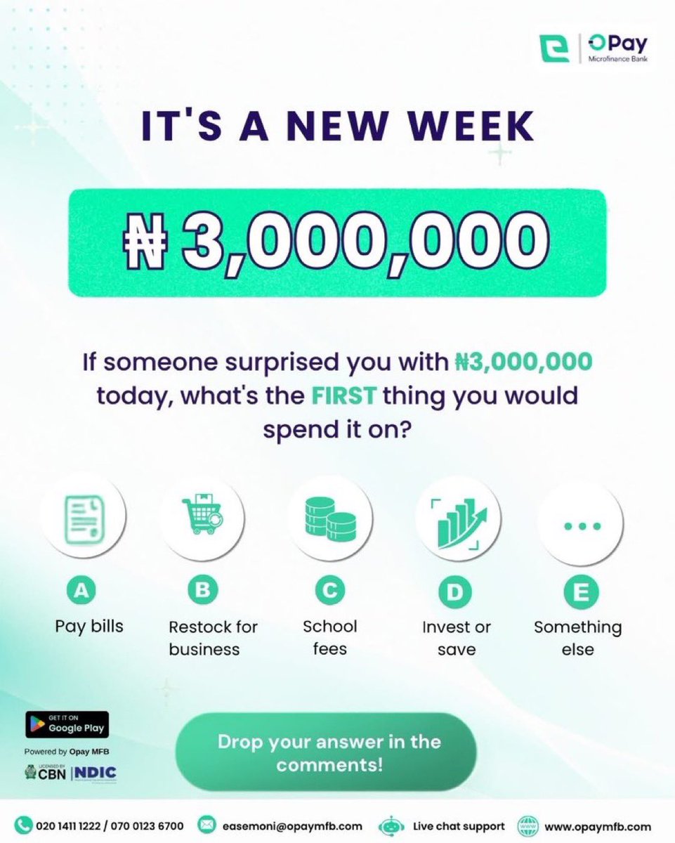 easemoni__ng_'s tweet photo. Happy New Week, EaseMoni Fam!
Imagine waking up to a surprise alert of ₦3,000,000 in your account today...
 
What's the VERY FIRST thing you'd spend it on?
🅰️ Pay bills
🅱️Restock your business
 🅲️ School fees
 🅳️ Invest or save
 🅴️ Something else https://t.co/AWUdhFU2SU