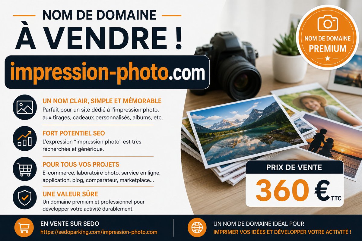 domainia_fr's tweet photo. ✨ Nom de #domaine à vendre : 

impression-photo(.)com

💶 Disponible au prix de 360 € TTC.

📊 L’expression "impression photo" est recherchée 49.500 fois par mois selon Searchvolume.

#photo #impression #photographie #photos https://t.co/COoNJRyexC