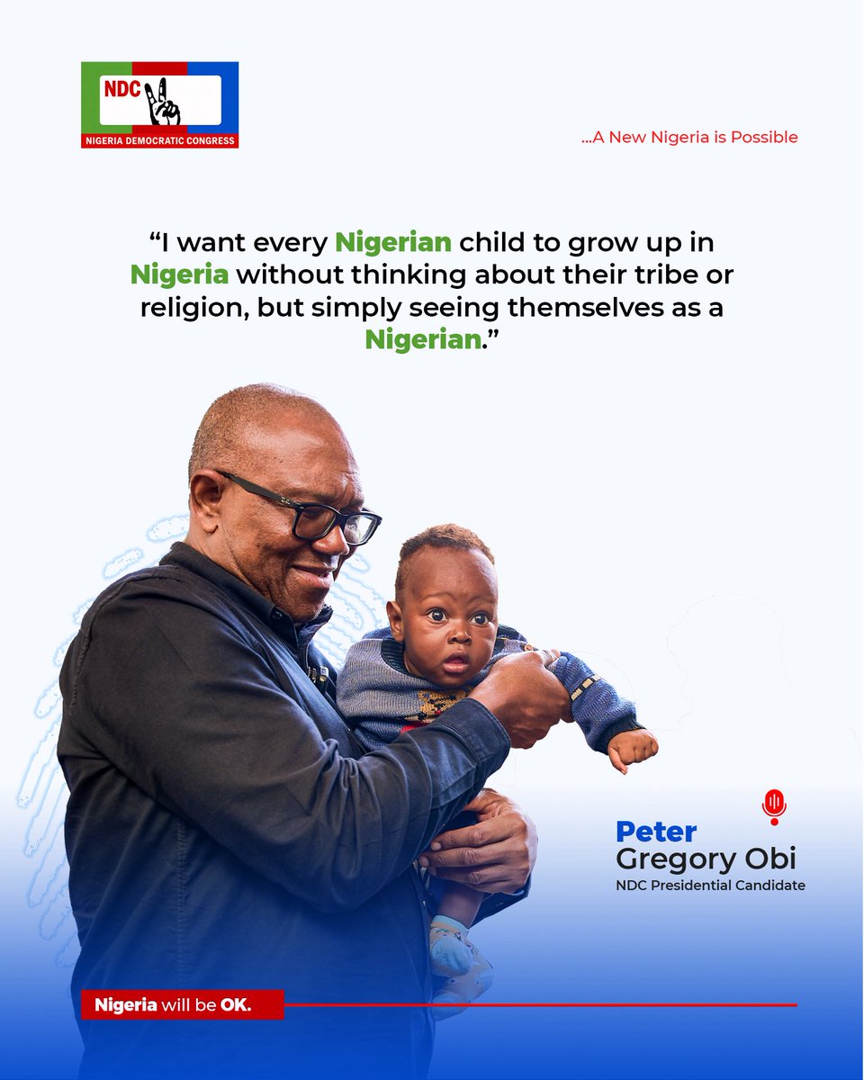 EstherUmoh10's tweet photo. Peter Obi envisions a Nigeria where every child grows up seeing themselves first as Nigerian. Not through the lens of tribe or religion, but with a shared national identity and an unwavering loyalty to one nation. 

A united Nigeria, where merit, justice, and equal opportunity define the future. That is the Nigeria he is determined to build.

#NigeriaWillBeOk