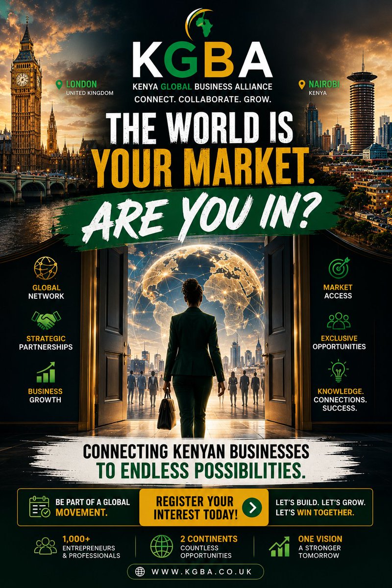 OfficialKGBA's tweet photo. The world is your market... Are you ready to claim your place in it?

Too many great businesses stay local—not because they lack potential, but because they lack the right connections.

Connect. Collaborate. Grow.

#KGBA #KenyaGlobalBusinessAlliance #TheWorldIsYourMarket https://t.co/7OinOQKbiC