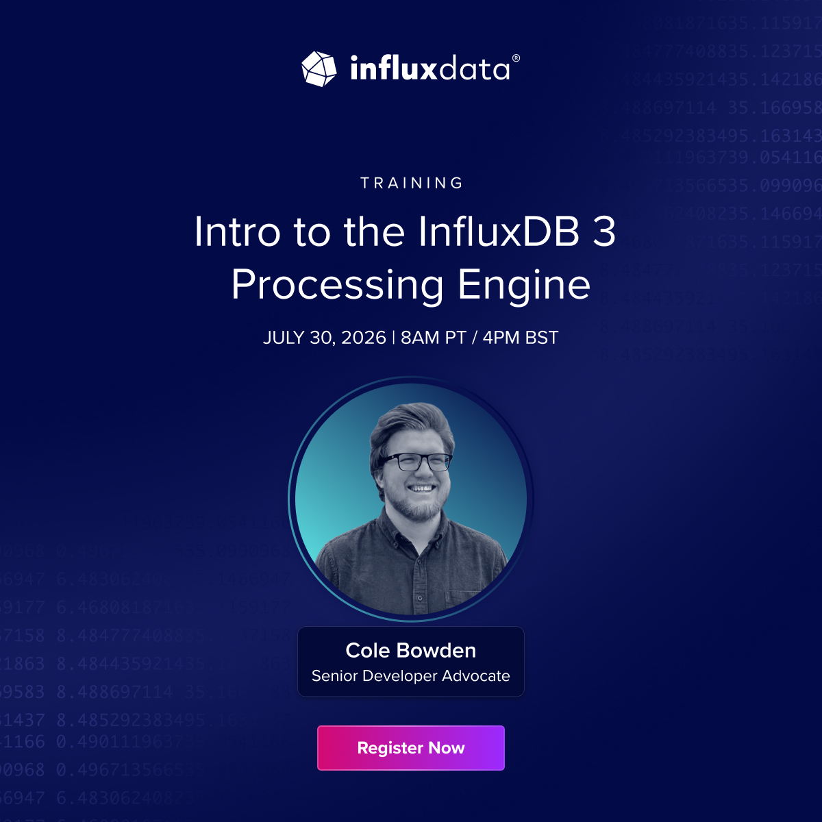 InfluxDB's tweet photo. Transform, enrich, and automate your time series data without relying on external processing pipelines.

See what's possible with the #InfluxDB 3 Processing Engine in our live technical training.
📅 July 30
🕗 8:00 AM PT | 3:00 PM GMT

Bring your questions and register today: https://t.co/UbsPp1ZwoP