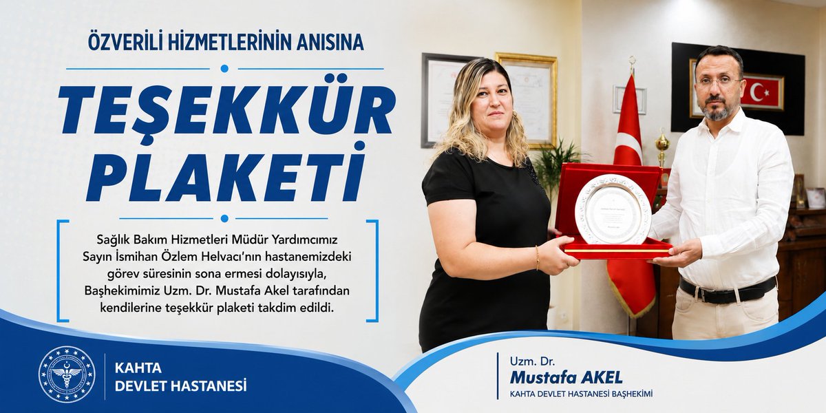KDevlet15374's tweet photo. Özverili Hizmetlerinin Anısına Teşekkür Plaketi
-
Sağlık Bakım Hizmetleri Müdür Yardımcımız Sayın İsmihan Özlem Halvacı’nın hastanemizdeki görev süresinin sona ermesi dolayısıyla, Başhekimimiz Uzm. Dr. Mustafa Akel tarafından kendilerine teşekkür plaketi takdim edildi. https://t.co/saHv80W1sd