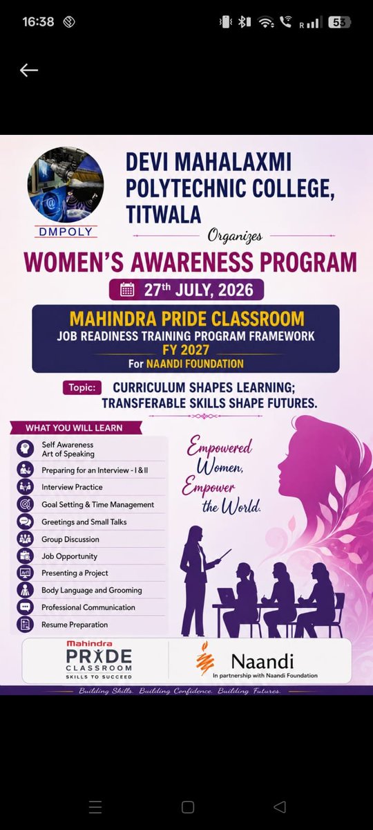 DMCETTitwala's tweet photo. Empowering Women, Building Futures! 
Proud to organize the Women's Awareness Program at Devi Mahalaxmi Polytechnic College, Titwala in collaboration with Mahindra Pride Classroom &amp; Naandi Foundation, empowering students with career readiness, communication, and skills https://t.co/xzCQXmts0A