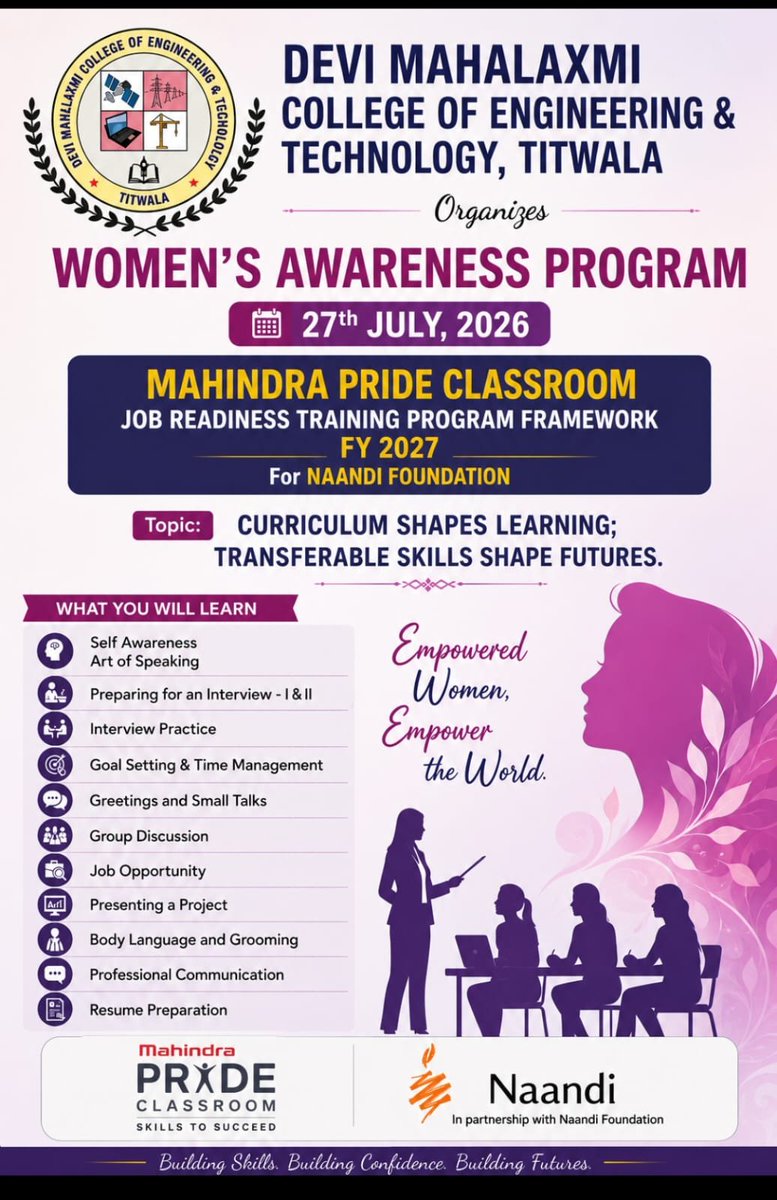 DMCETTitwala's tweet photo. Empowering Women, Building Futures! 
Proud to organize the Women's Awareness Program at Devi Mahalaxmi Polytechnic College, Titwala in collaboration with Mahindra Pride Classroom &amp; Naandi Foundation, empowering students with career readiness, communication, and skills https://t.co/xzCQXmts0A