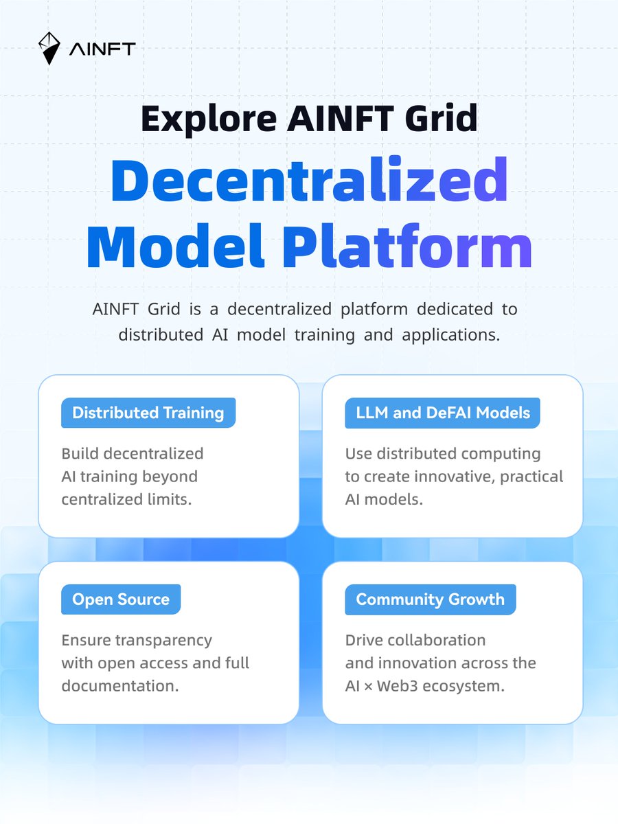 AINFTcom's tweet photo. Explore AINFT Grid — the decentralized model platform built for the future of AI innovation.

From distributed AI training and LLM development to open-source collaboration and community-driven growth, AINFT Grid empowers the AI × Web3 ecosystem with a more open, scalable, and collaborative model infrastructure.
