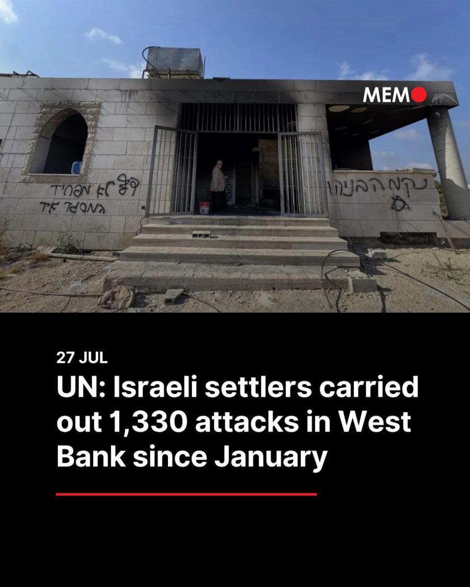 MiddleEastMnt's tweet photo. The UN said Israeli settlers have carried out more than 1,330 attacks in the occupied West Bank since the start of 2026, causing casualties and damage to Palestinian property.

The UN humanitarian affairs office (OCHA) said in a statement on Monday that it was deeply concerned “over the escalating violence across the West Bank in recent days.”    

Read: https://t.co/0yPFtGdbeM