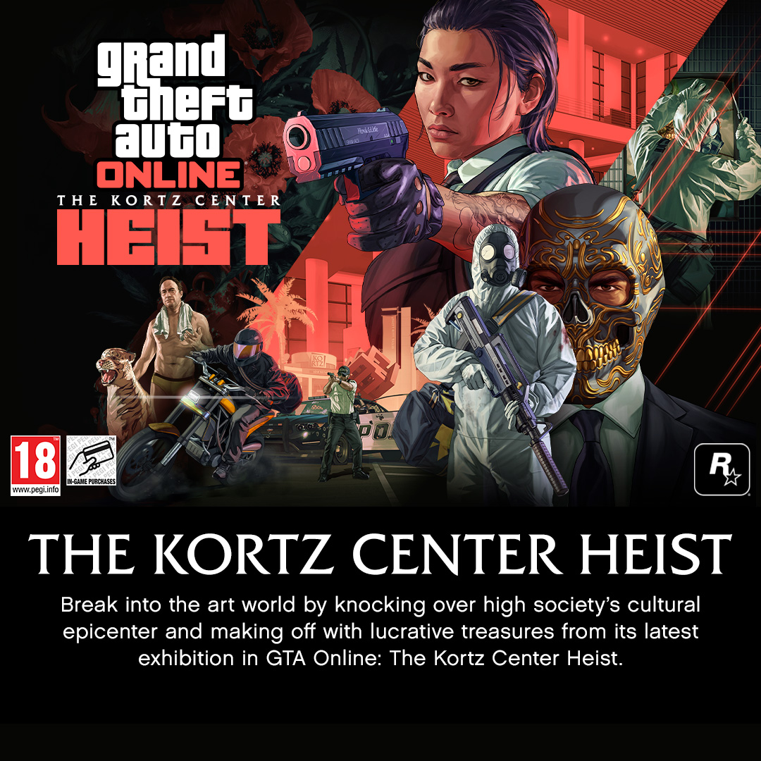 RockstarGames's tweet photo. Break into the art world by knocking over high society's cultural epicenter and making off with lucrative treasures from its latest exhibition in GTA Online: The Kortz Center Heist.