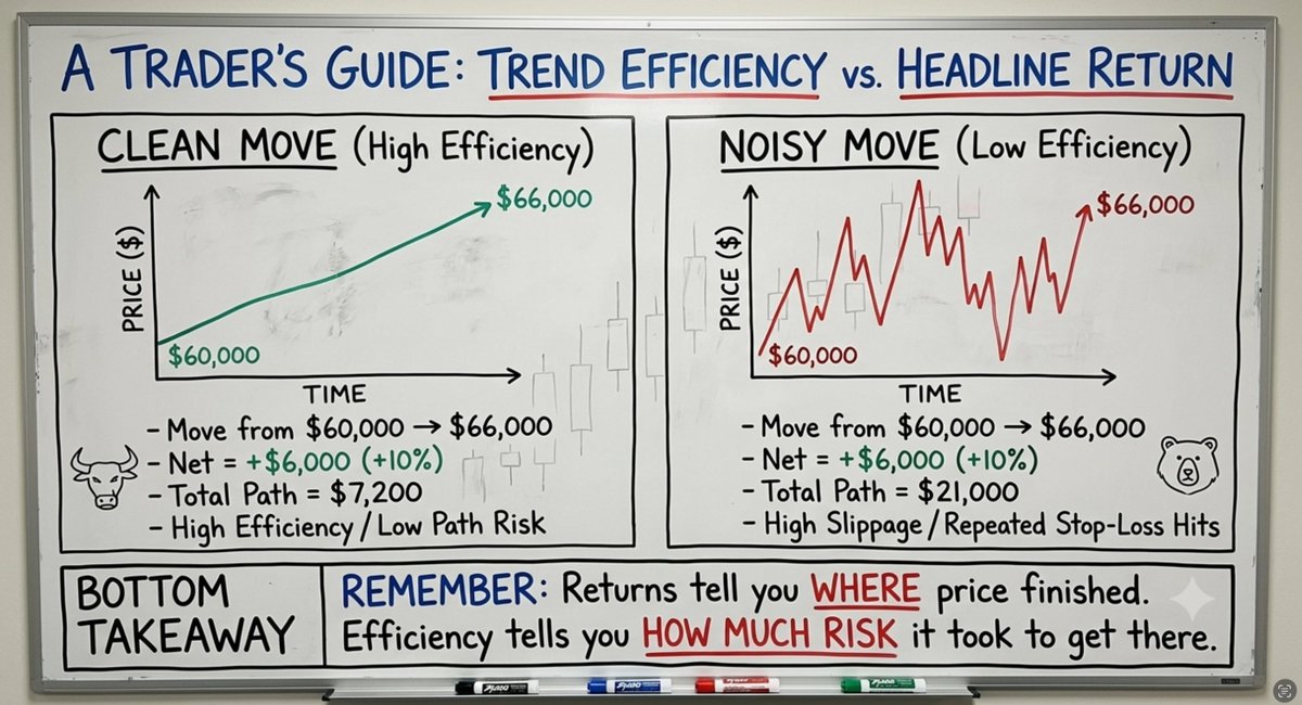 Delta_Exchange's tweet photo. Headline return tells you where the price finished.
Trend efficiency tells you how much risk it demands.

Two bitcoin:native moves can both print an identical +10% gain (from $60,000 to $66,000):

• Move 1: A clean, steady directional trend.

• Move 2: A choppy sequence of sharp rallies, fake breakouts, and $2,000 deep reversals.

The closing return is the same but trading opportunity is not.

The Math of Trend Efficiency:

BTC moves from $60,000 to $66,000 
Net move = $6,000.

• High Efficiency: 
Total path distance travelled = ~$7,200

• Low Efficiency (Noise): 
Total path distance travelled = ~$21,000 across endless advances and drops.

The second move delivers the same headline return with 3x the path risk.

Why Headline Returns Lie:

Chop hides the friction that drains derivative accounts:

•Frequent stop-loss triggers
•Slippage from repeated re-entries
•Weak breakout follow-through
•Increased liquidation risk on leveraged positions
•Heavy emotional and capital drawdown
•A market can be directionally right, but structurally brutal to trade.

Measure the quality of the move!!!

Bookmark this reminder for the next choppy market regime.

#CryptoTrading #RiskManagement #DeltaExchange