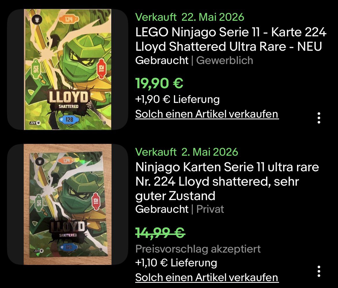 Karten_Dompteur's tweet photo. Kennt sich jemand mit dem LEGO-Ninjago TCG aus? 

Mein Sohn durfte heute Morgen an der Kasse so einen 2€ Booster mitnehmen und hat anscheinend eine Ultra-Rare Lloyd-Karte gezogen. Es gibt wirklich Verkäufe für um die 12–20€.

Ich hatte das jetzt eher so auf einem Level mit Paw-Patrol Sammelkarten gesehen und absolut nicht damit gerechnet, dass es sogar wertvolle Karten gibt. Qualität ist auch eher gruselig … werden es wahrscheinlich nicht anfangen zu sammeln und zu spielen 😅