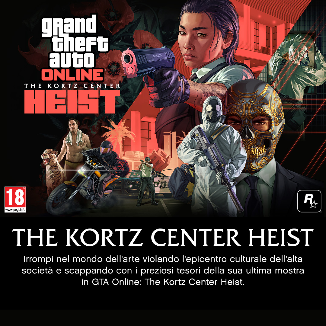 RockstarGames's tweet photo. Irrompi nel mondo dell'arte violando l'epicentro culturale dell'alta società e scappando con i preziosi tesori della sua ultima mostra in GTA Online: The Kortz Center Heist.