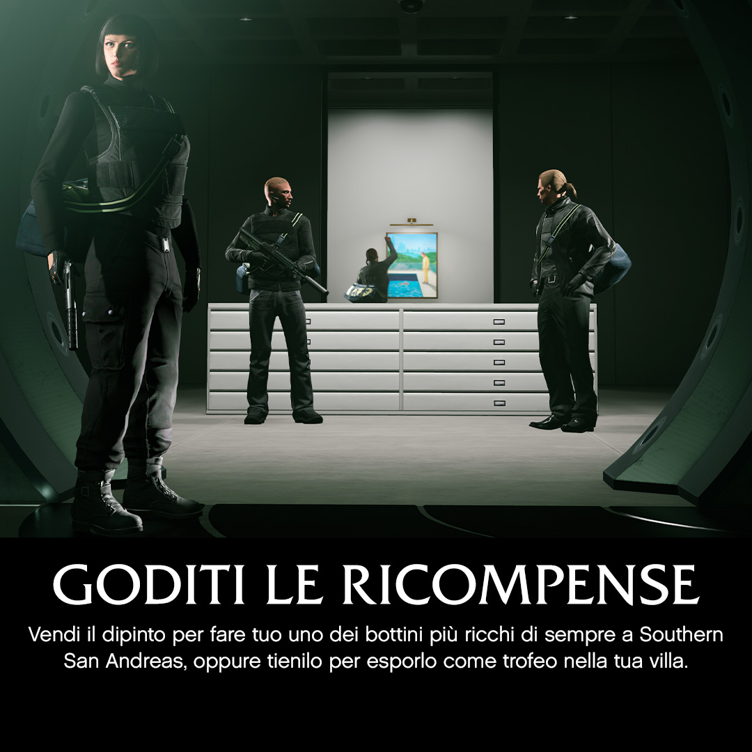 RockstarGames's tweet photo. Irrompi nel mondo dell'arte violando l'epicentro culturale dell'alta società e scappando con i preziosi tesori della sua ultima mostra in GTA Online: The Kortz Center Heist.