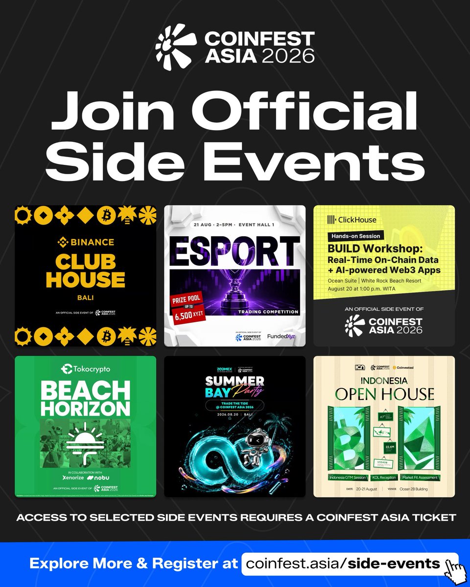 CoinfestAsia's tweet photo. JOIN THE OFFICIAL COINFEST ASIA SIDE EVENTS 🎪

The most anticipated meetups, parties and workshops all around the world's crypto festival.

Explore more &amp; register at https://t.co/8NPZb3vHsW https://t.co/nCrs18iY0Y