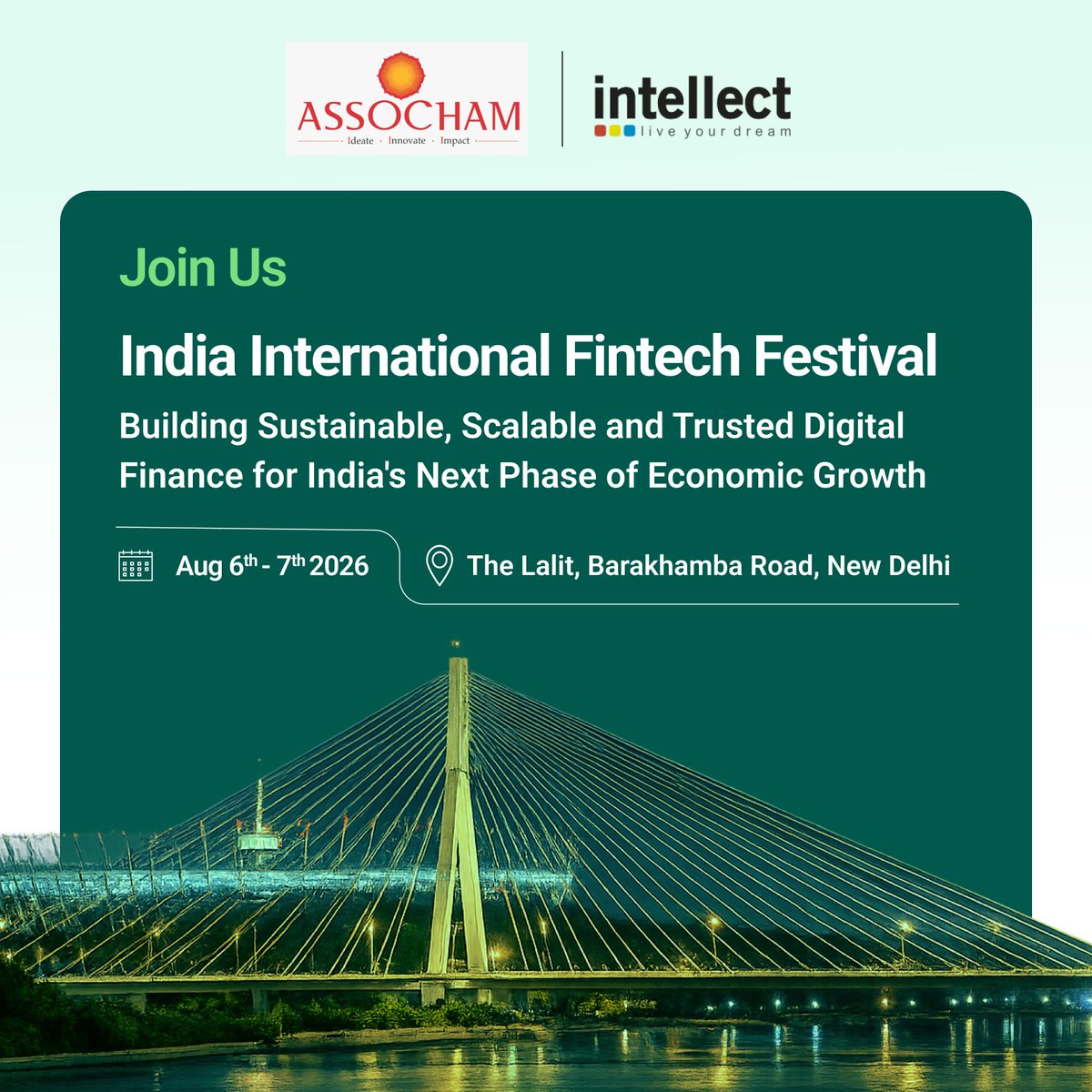 i_DesignArena's tweet photo. Meet team Intellect at the 3rd India International Fintech Festival 2026 to discuss the architecture shaping the next generation of banking.

📍 Venue: The Lalit, New Delhi
📅 Dates: 6–7 August 2026
 
#Intellect #eMACHai #ASSOCHAM #PurpleFabric https://t.co/8uBUOTocwk