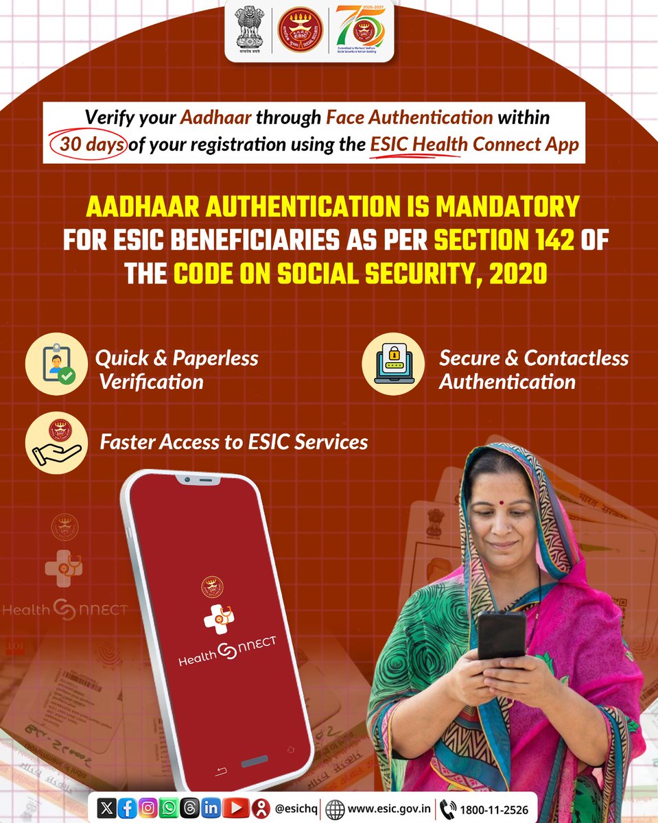 ESIC_DMD's tweet photo. Every digital step brings you closer to faster services.

Validate your Aadhaarthrough Face Authentication within 30 days of registration to ensure faster, secure and seamless access to ESIC services. One simple step today makes every service experience easier tomorrow. https://t.co/NN6UHs7Jmc