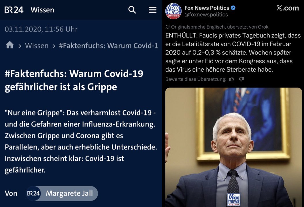 rosenbusch_'s tweet photo. Faucis Tagebuch Februar 2020 

vs.

FAKTENFUCHS BR, November 2020:

„Eine Studie des Dartmouth College in New Hampshire zeigt, dass die Infektionssterblichkeit für Covid-19 in den USA bei 0,8 Prozent liegt und damit 16-mal höher ist als für die Influenza in den USA, erklärt der Virologe Christian Drosten: "Jetzt ist aber die amerikanische Bevölkerung jünger als die deutsche. Das heißt, wir müssten in Deutschland mit einer Infektionssterblichkeit rechnen, die nach dieser Auswertung so an die ein Prozent rangeht oder sogar knapp über ein Prozent geht."

Diese „Fakten“ sind sogar noch online:

https://t.co/x4Zo8SOdhX

Für jeden Grippevergleich wurde man seinerzeit regelrecht gesteinigt, wisst ihr noch?