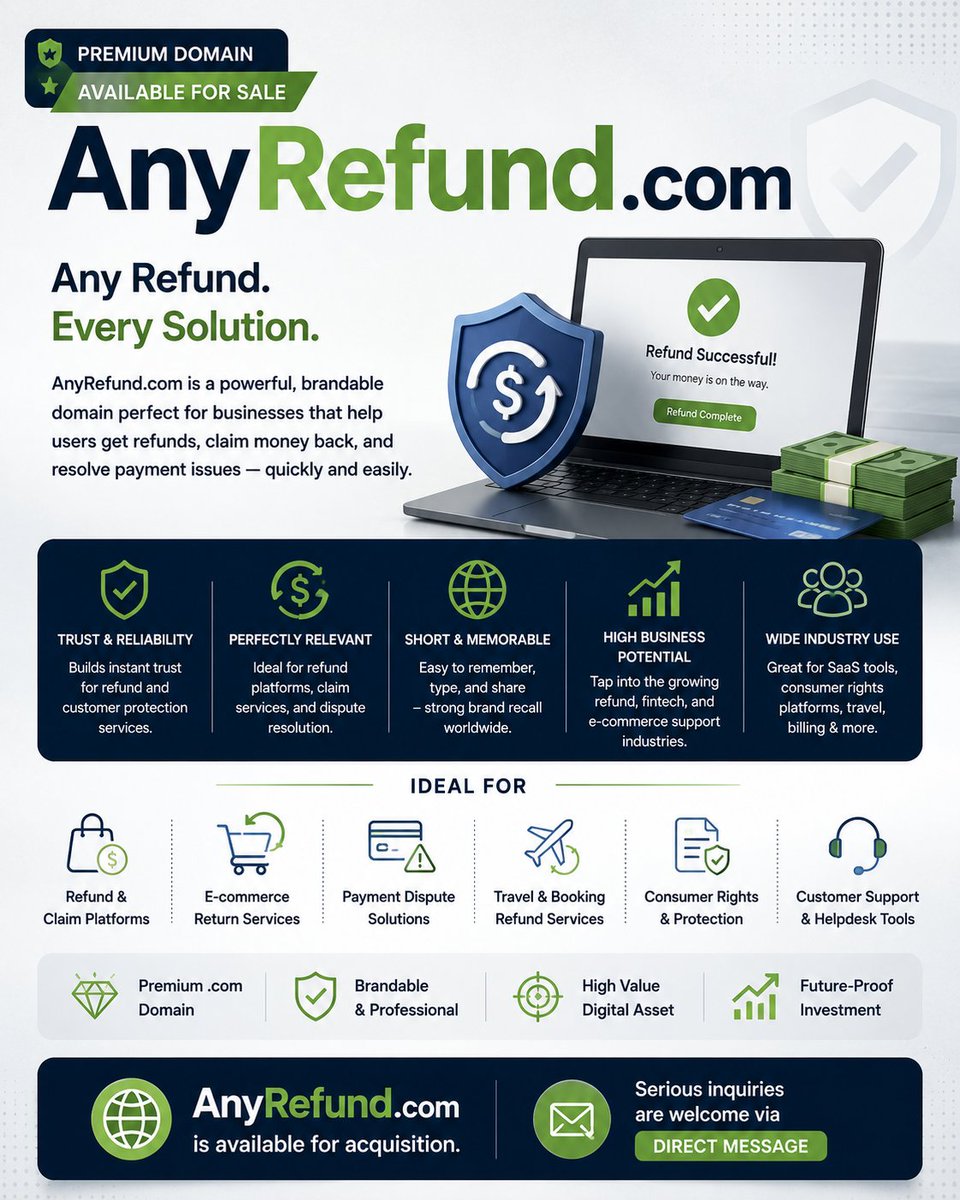 DomusCapitalBD's tweet photo. https://t.co/3rehaDXvgO is now available for acquisition.

A short and highly brandable .com domain built for businesses focused on refunds, payments, and consumer protection. https://t.co/Q8vWktGJFF