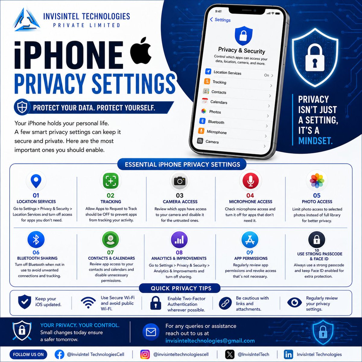 InvisIntelTech's tweet photo. Your iPhone stores your most valuable personal information. Strengthen your privacy by reviewing key security settings, limiting app permissions, and enabling essential protections. Small changes today can prevent major risks tomorrow. #CyberSecurity #iPhonePrivacy #PrivacyMatter https://t.co/kFRYY26U7a