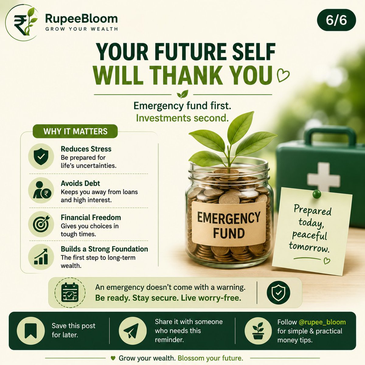 rupee_bloom's tweet photo. Your future self will thank you.

Emergency fund first. Investments second.

Save this post. Follow @rupee_bloom for more.

#MoneyMindset #FinancialWellness https://t.co/KxWIzqqPiP