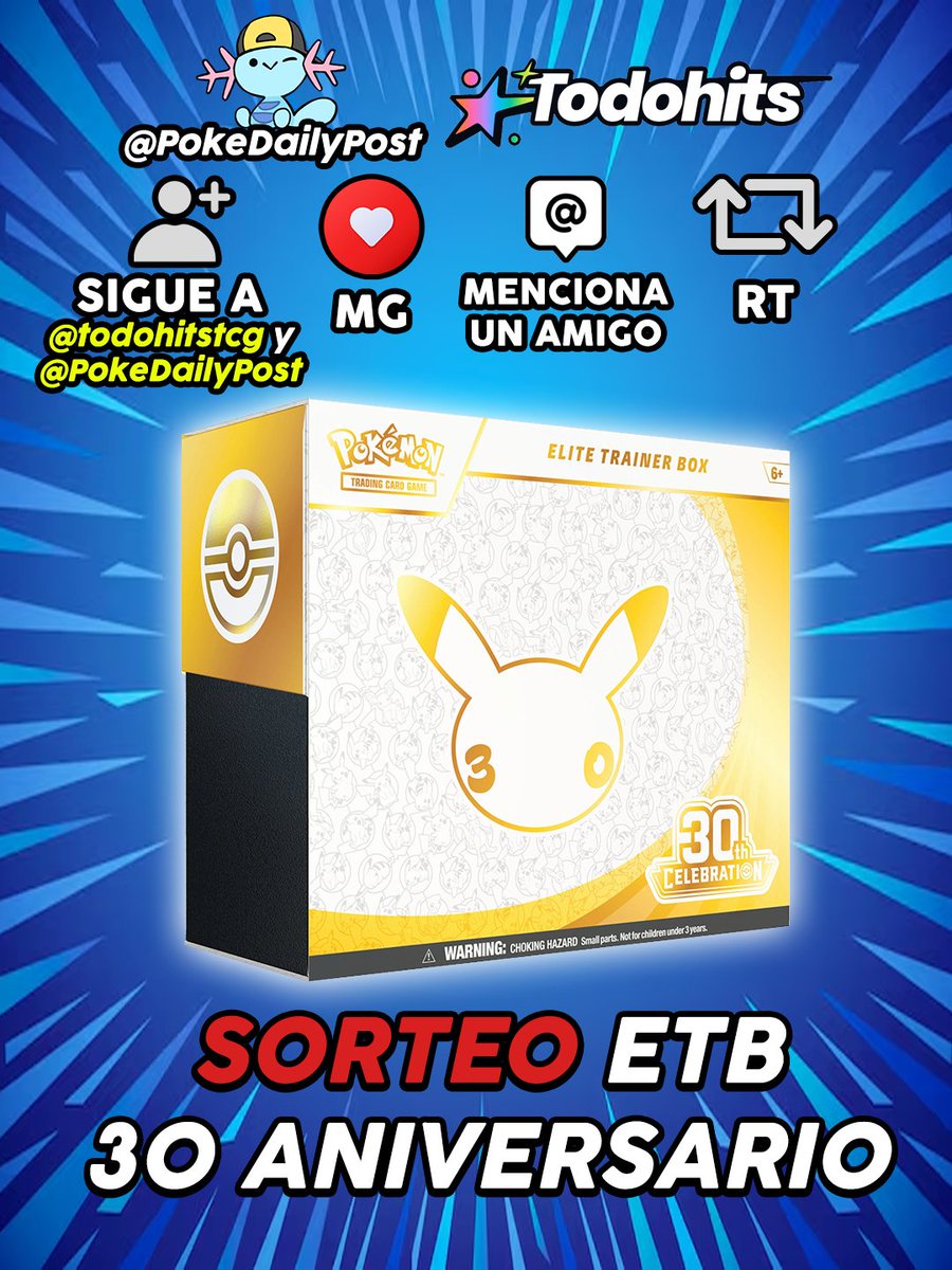 PokeDailyPost's tweet photo. 🎉SORTEO ETB DEL 30 ANIVERSARIO DE POKÉMON TCG‼️🎉

👉 Para participar:
➕👤Sigue a @todohitstcg  y  @PokeDailyPost
❤️ Dale MG
👥 Menciona a un amigo
🔁 Retweet

IMPORTANTE:
🇪🇸 SORTEO SOLO PARA GENTE DE ESPAÑA
⏰GANADOR: miércoles 16 de septiembre 

Mucha suerte a todos! 🥳 https://t.co/ySHAt0Z8E7